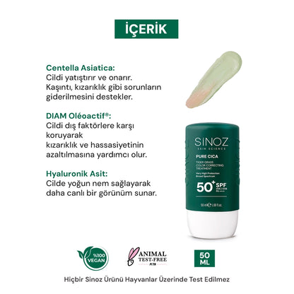 Sinoz Pure Cica Tiger Grass Tone Evening Liquid Sunscreen SPF50+ 50 ml