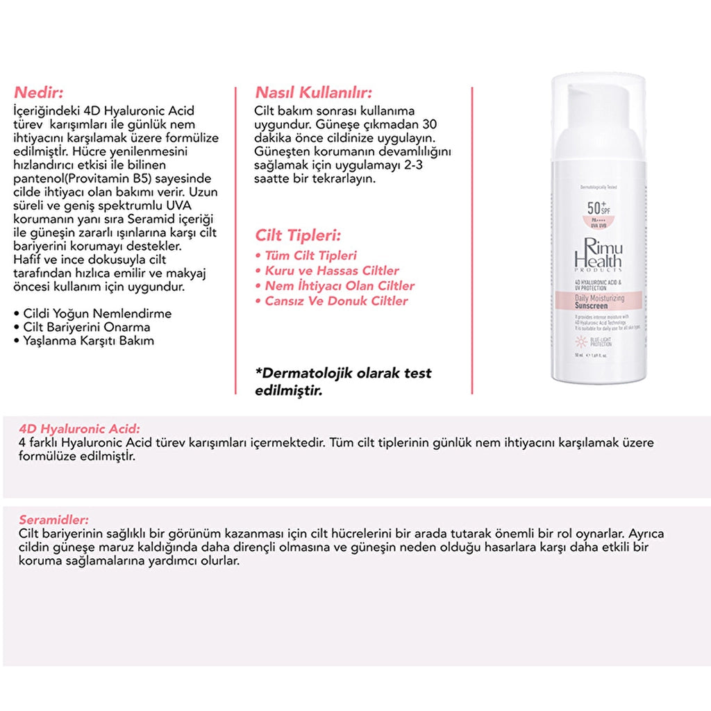 Rimu Health Intense Moisturizing Daily Sunscreen Suitable for All Skin Types 50 ml (Hyaluronic Acid)