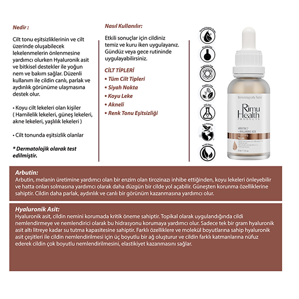 Rimu Health Skin Tone Equalizer and Facial Serum for Blemished Skin 30 ml (Arbutin 2% + Hyaluronic Ac