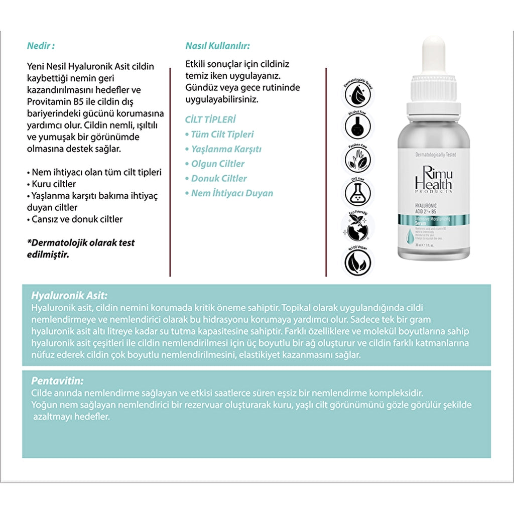 Rimu Health Perfume-Free Intense Moisturizing Serum for All Skin Types 30 ml (Hyaluronic Acid 2% + B5)