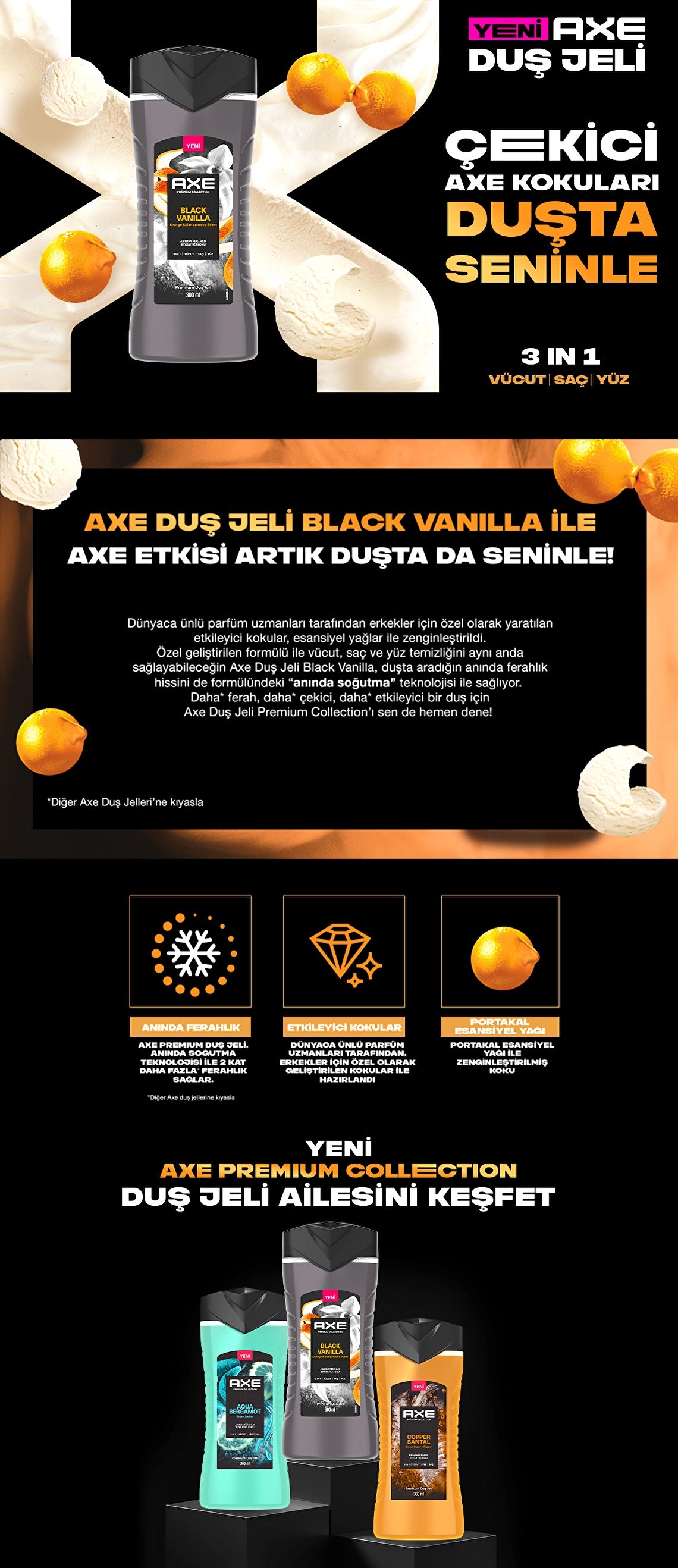 Axe Premium Collection Shower Gel Black Vanilla 3 in 1 Body Hair Face 300 ml