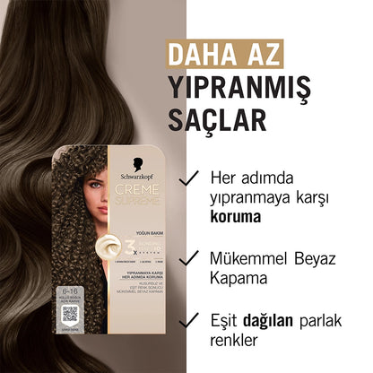 Schwarzkopf Creme Supreme Intensive Care Full Kit Hair Dye 6-16 Ashy Cold Light Brown