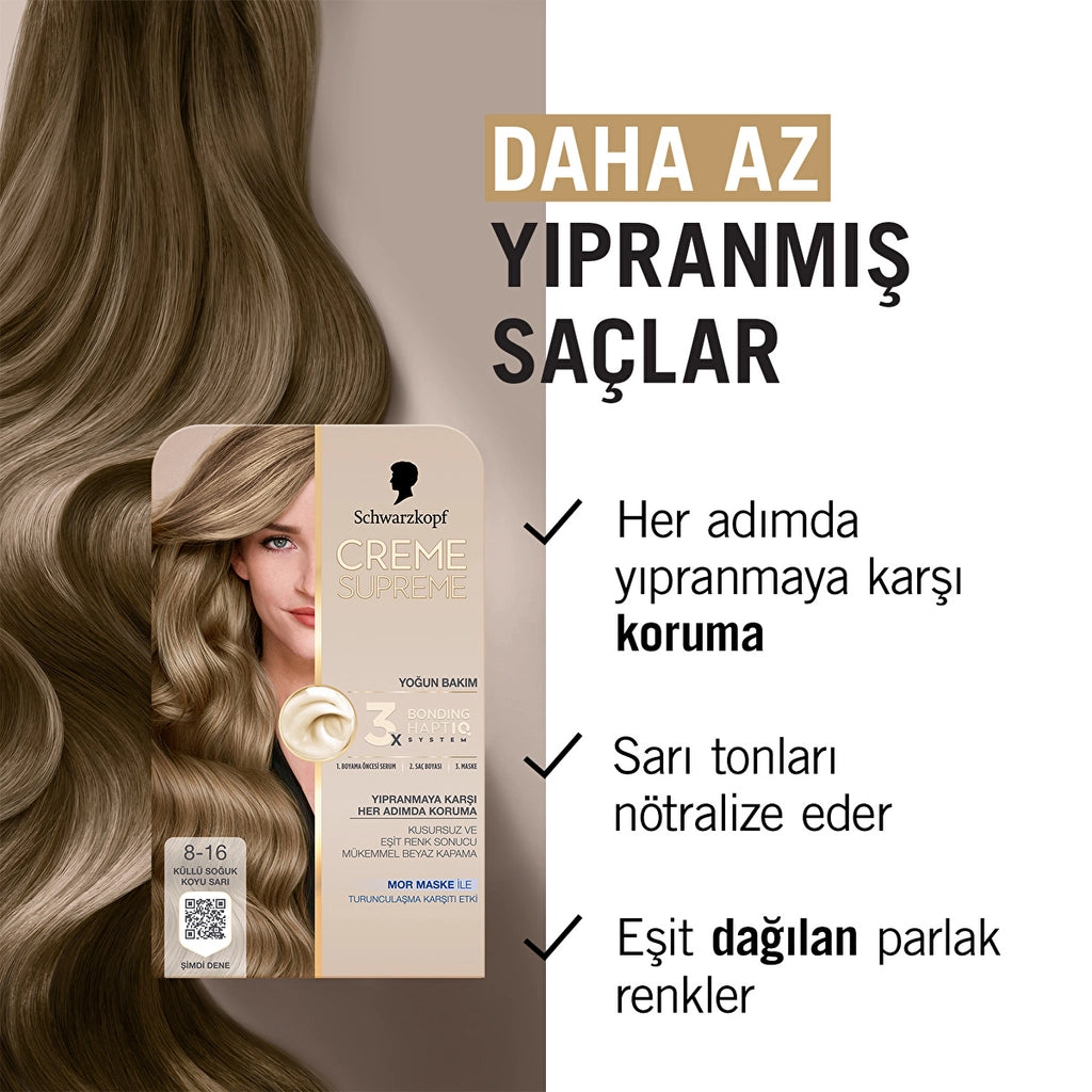 Schwarzkopf Creme Supreme Intensive Care Full Kit Hair Dye 8-16 Ashy Cold Dark Blonde