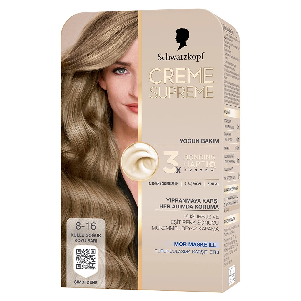 Schwarzkopf Creme Supreme Intensive Care Full Kit Hair Dye 8-16 Ashy Cold Dark Blonde