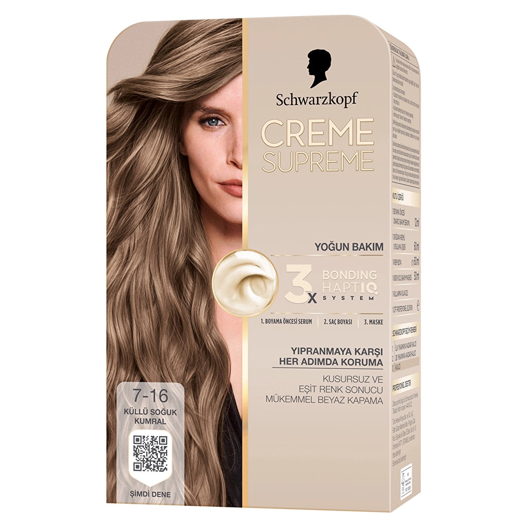 Schwarzkopf Creme Supreme Intensive Care Full Kit Hair Dye 7-16 Ashy Cold Auburn