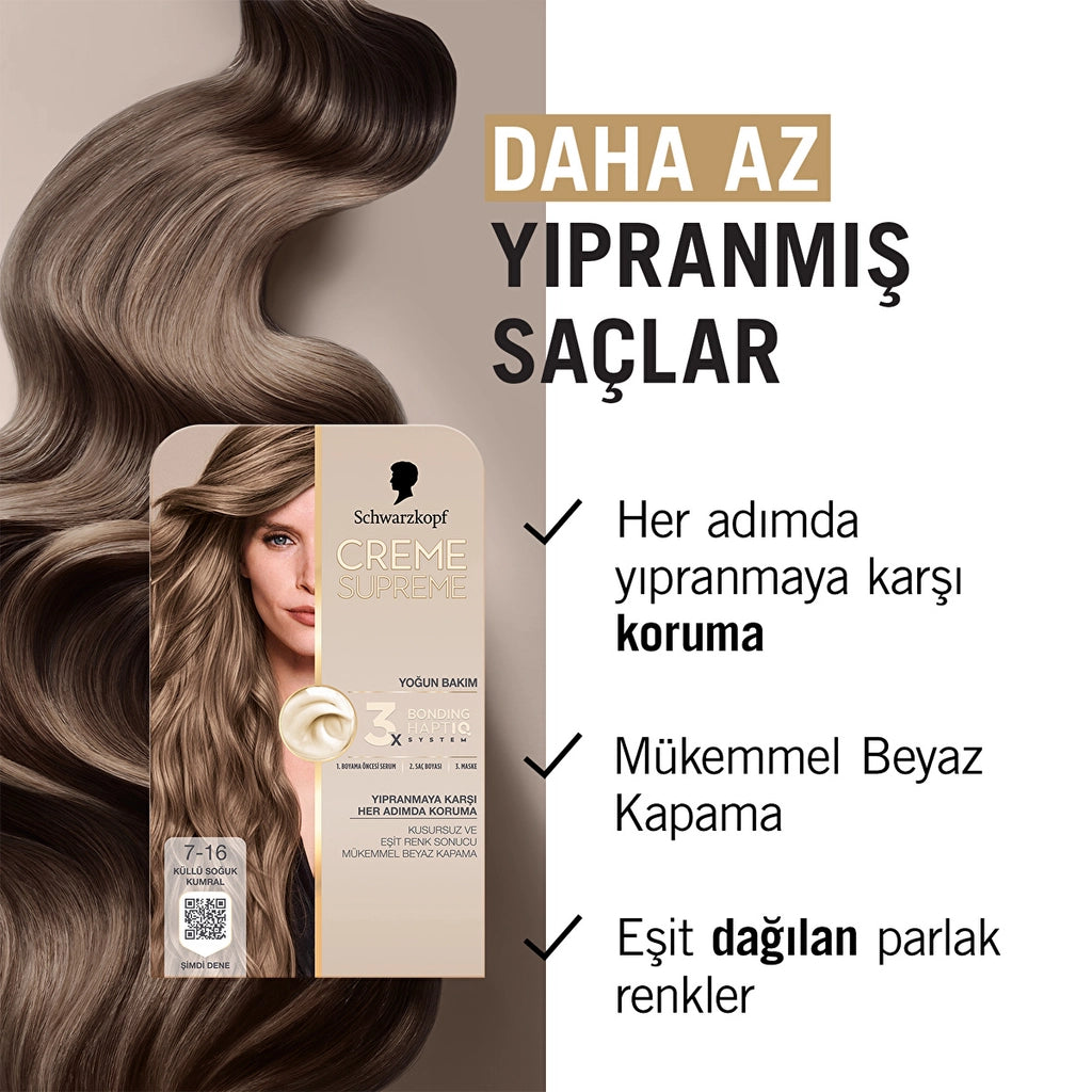 Schwarzkopf Creme Supreme Intensive Care Full Kit Hair Dye 7-16 Ashy Cold Auburn
