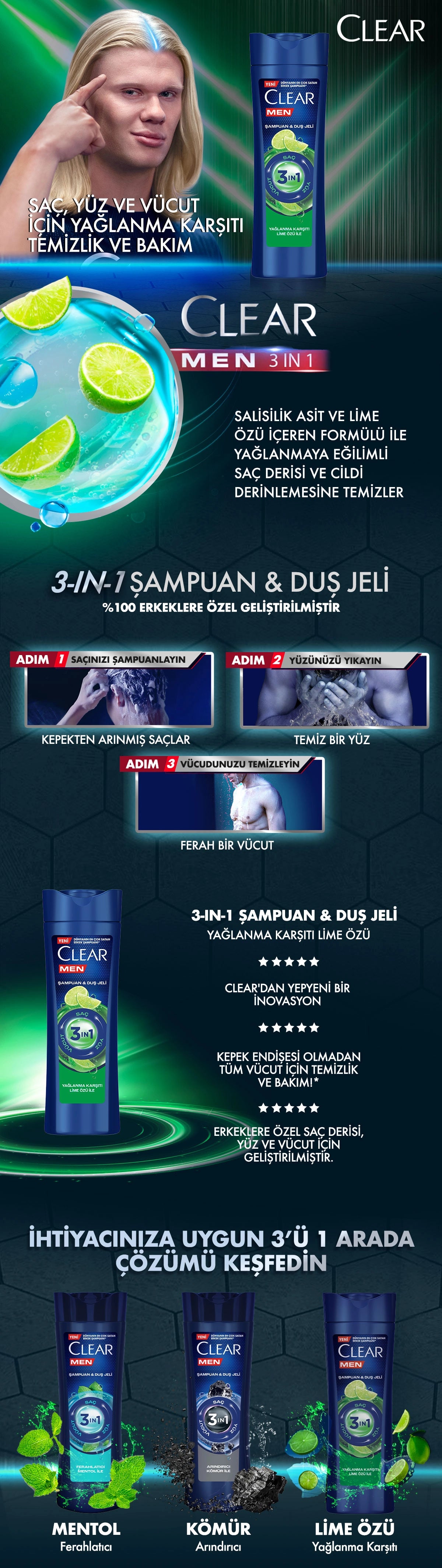 Clear Men 3in1 Anti-Oil Lime Essence Shampoo &amp; Shower Gel 350 ml
