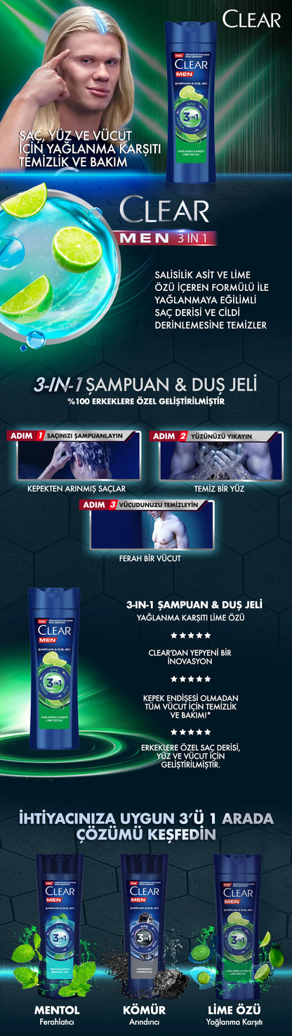 Clear Men 3in1 Anti-Oil Lime Essence Shampoo &amp; Shower Gel 350 ml
