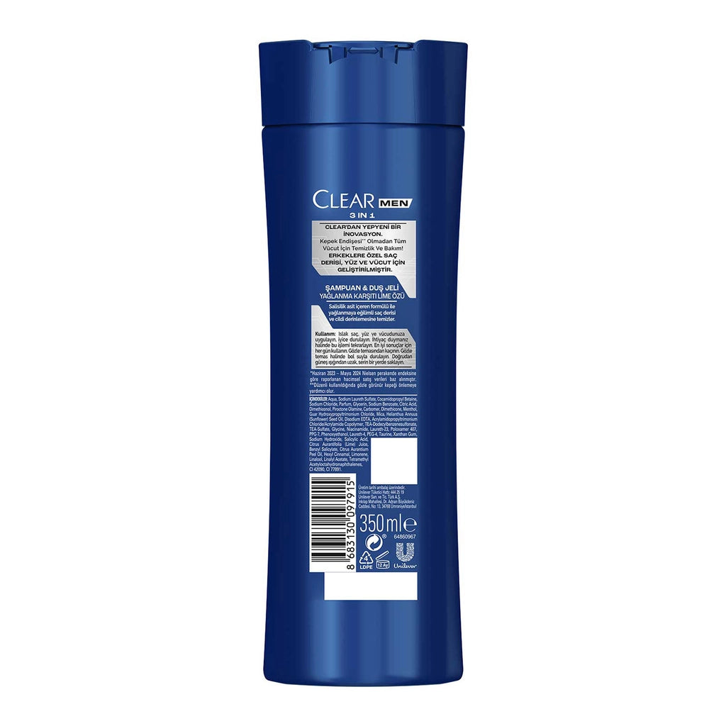 Clear Men 3in1 Anti-Oil Lime Essence Shampoo &amp; Shower Gel 350 ml