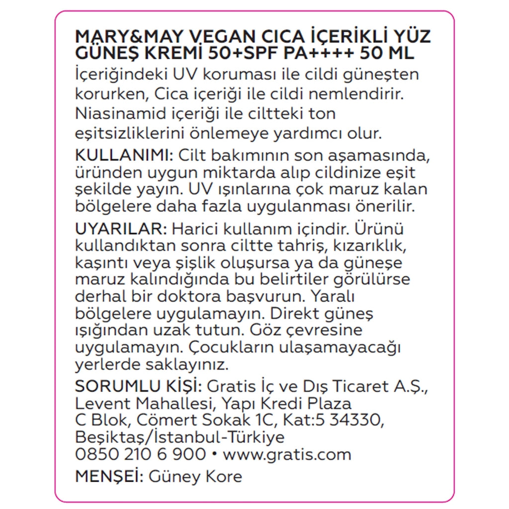 Mary &amp; May Vegan Cica Content 50+SPF PA++++ Facial Sunscreen 50 ml
