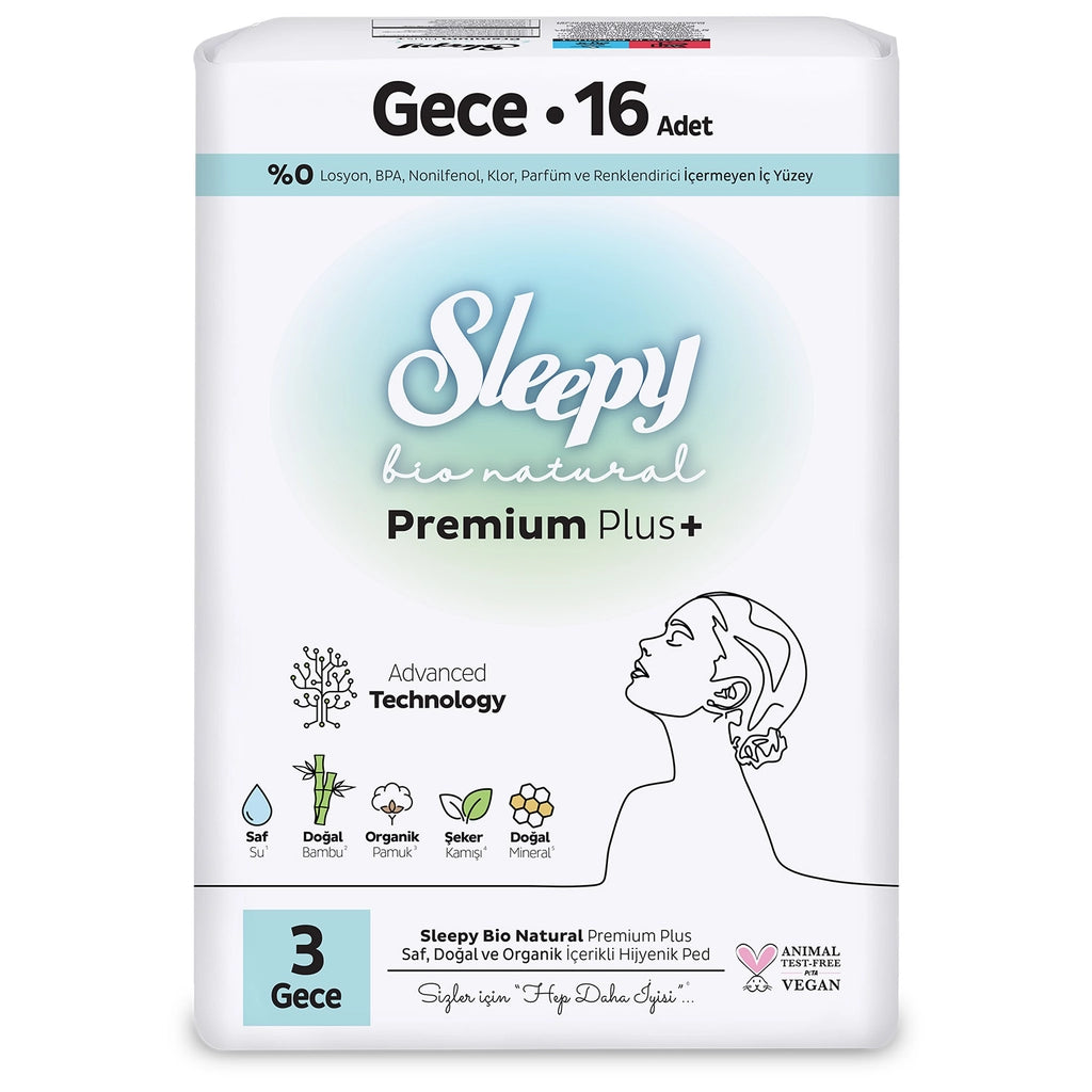 Sleepy Bio Natural Premium Plus+ (Size 3) Super Eco Night Hygienic Pads 16 Pack