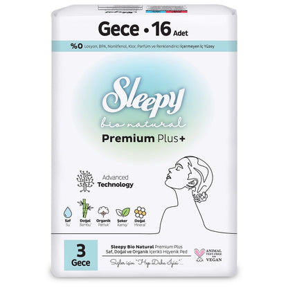 Sleepy Bio Natural Premium Plus+ (Size 3) Super Eco Night Hygienic Pads 16 Pack