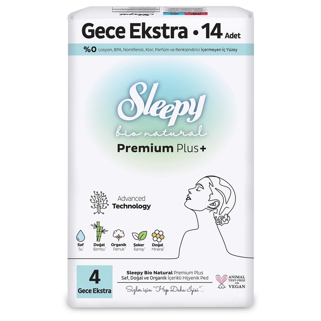 Sleepy Bio Natural Premium Plus+ (Size 4) Super Eco Night Extra Hygienic Pads 14 Pack