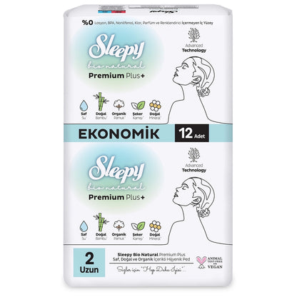 Sleepy Bio Natural Premium Plus+ (Size 2) Eco Long Hygienic Pads 12 Pack