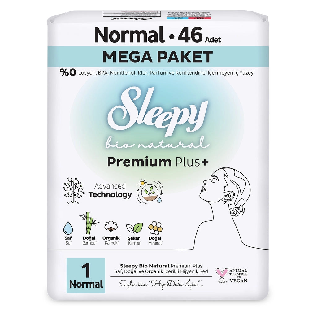 Sleepy Bio Natural Premium Plus+ (Size 1) Mega Normal Hygienic Pads 46 Pack