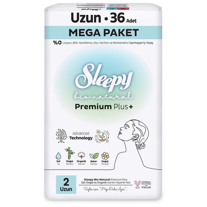 Sleepy Bio Natural Premium Plus+ (Size 2) Mega Long Hygienic Pads 36 Pack