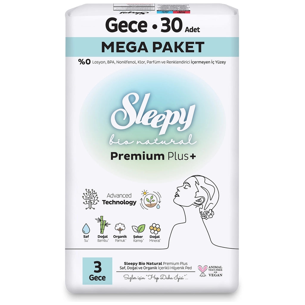 Sleepy Bio Natural Premium Plus+ (Size 3) Mega Night Hygienic Pads 30pcs