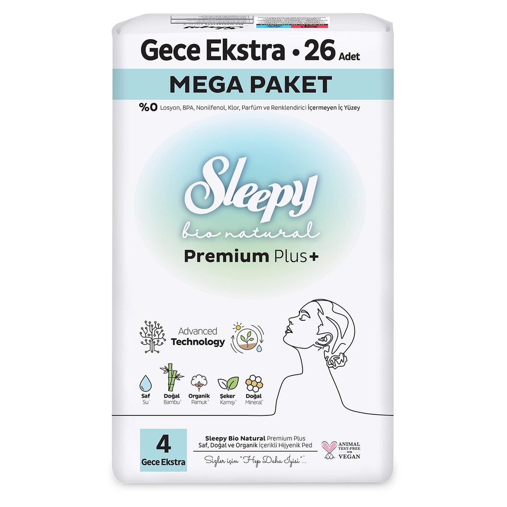 Sleepy Bio Natural Premium Plus+ (Size 4) Mega Night Extra Hygienic Pads 26 Pack