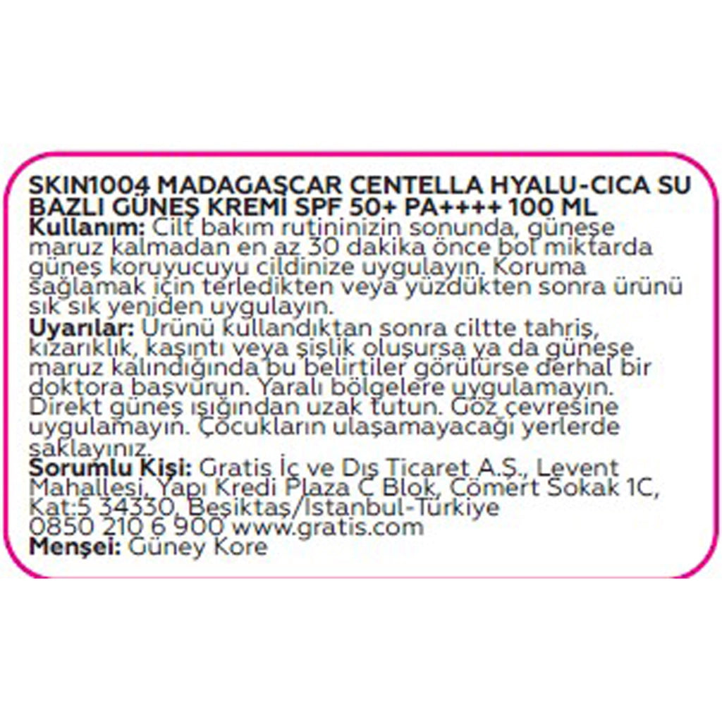 Skin1004 Madagascar Centella Hyalu-Cica Water Based 50+SPF PA++++ Sunscreen 100 ml