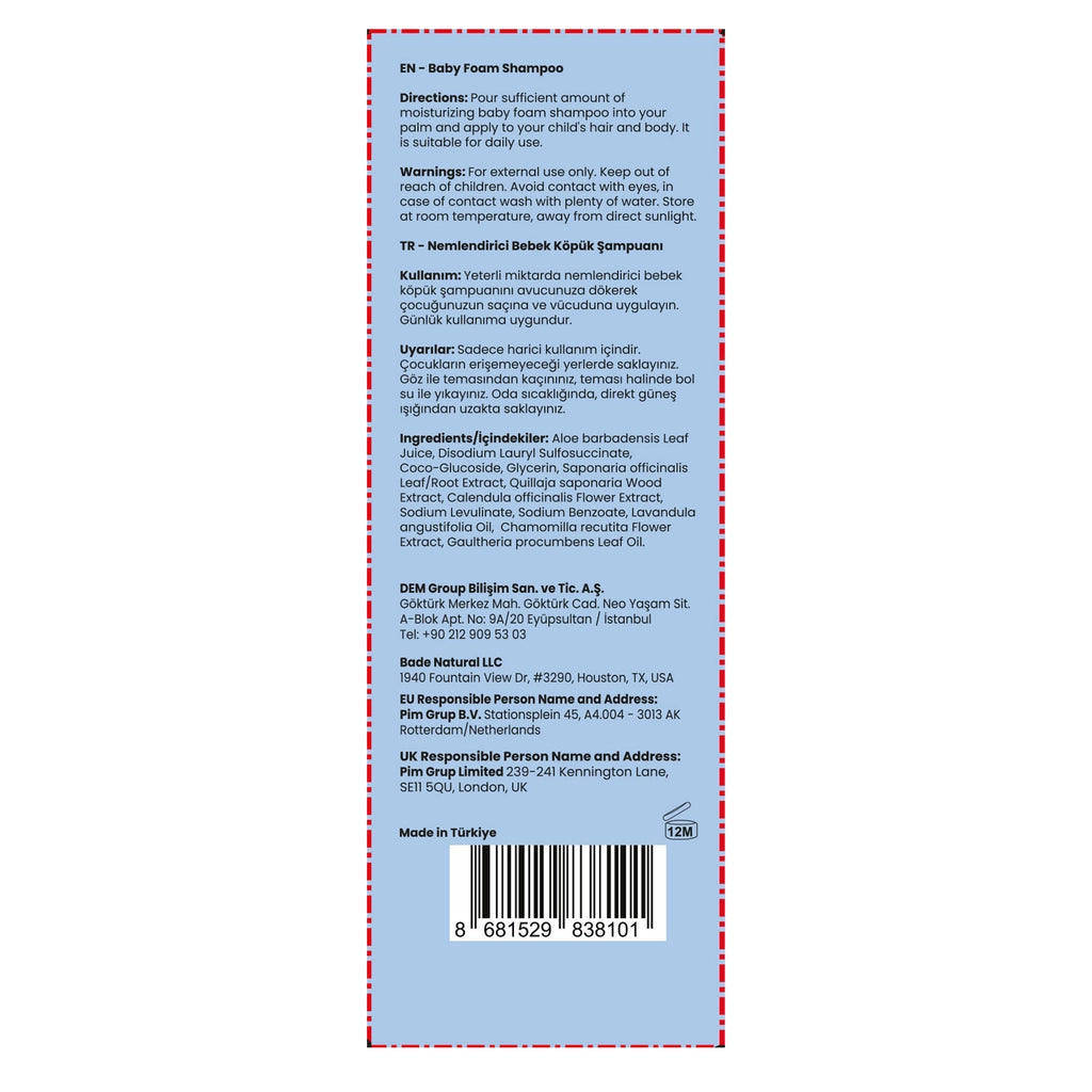 Bade Natural Moisturizing 100% Natural Baby Hair and Body Foam Shampoo 100 ml