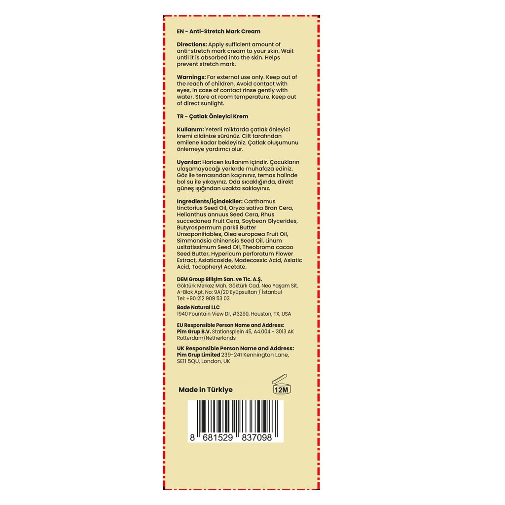Bade Natural Anti-Stretch Mark and Moisturizing 100% Natural Body Cream 100 ml