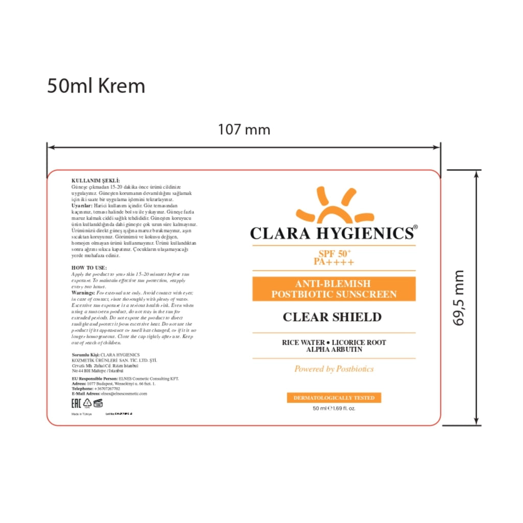 Clara Hygienics Clear Shield 50+SPF Postbiotic Supported Anti-Blemish and Protective Sun Cream 50 ml