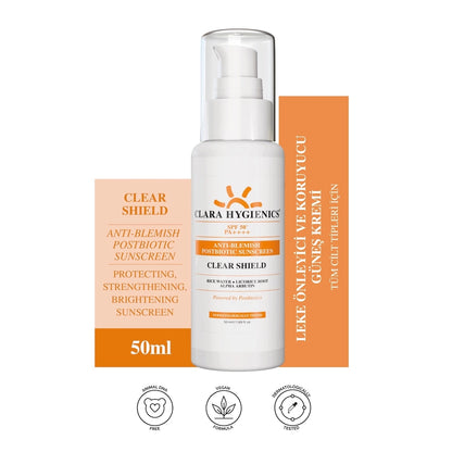 Clara Hygienics Clear Shield 50+SPF Postbiotic Supported Anti-Blemish and Protective Sun Cream 50 ml