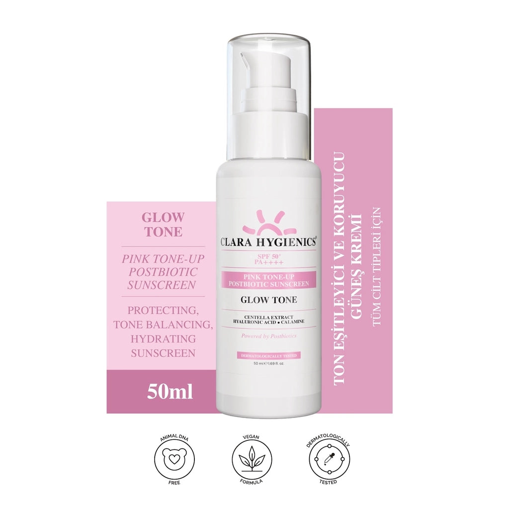 Clara Hygienics Pink Tone-Up 50+SPF Postbiotic Supported Tone Equalizing and Protective Sun Cream 50 ml