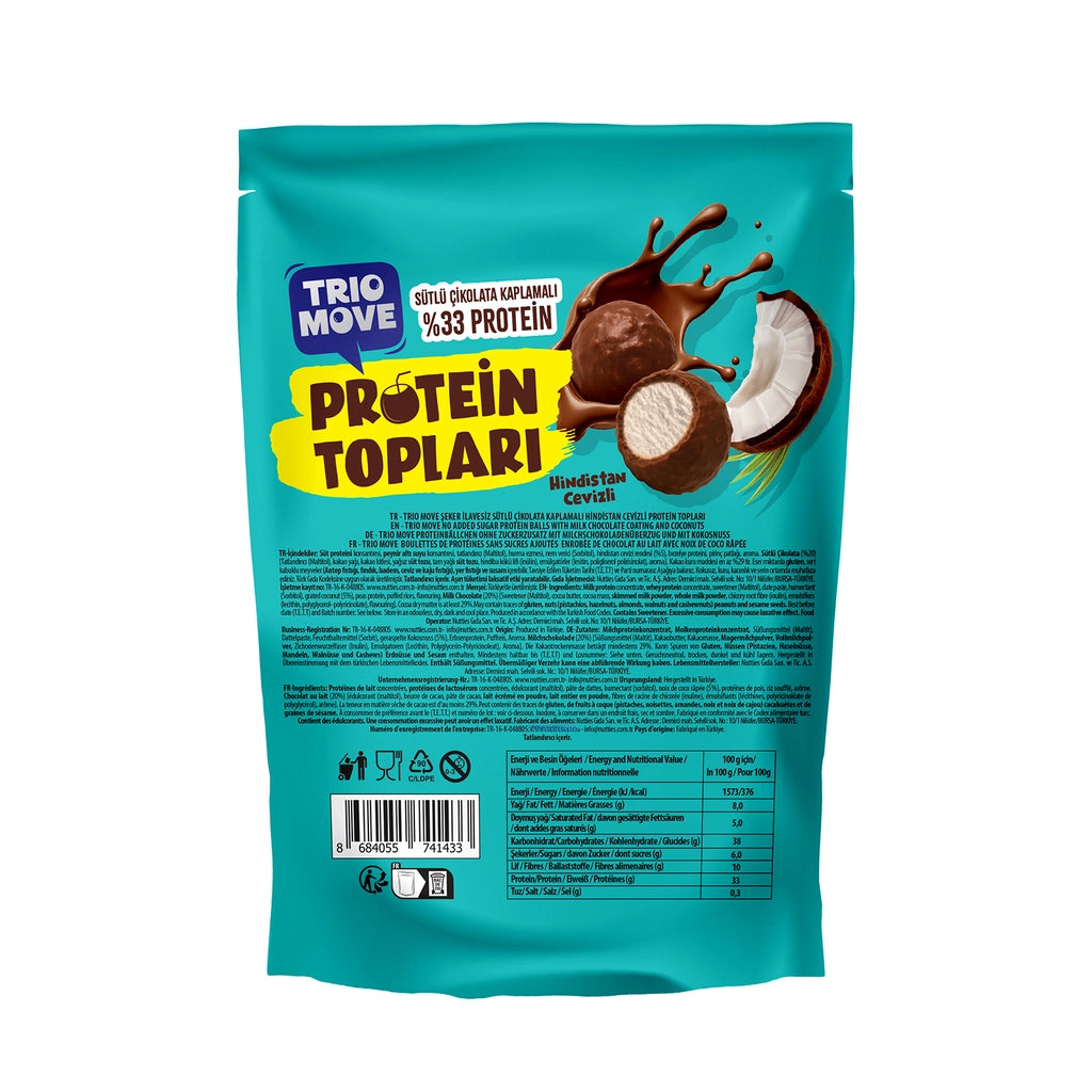 Trio Move Chocolate Covered 33% Protein Coconut and Milk Chocolate Coated Protein Balls 72 gr