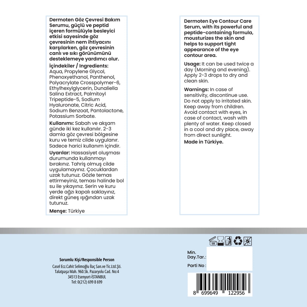 Dermoten Hyaluronic Acid and Dunaliella Salina Extract Eye Contour Under Eye Serum 30 ml