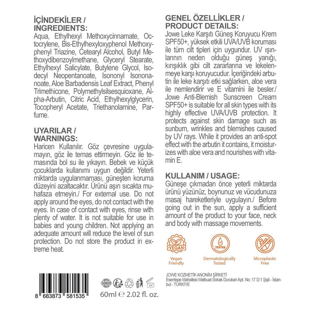 Jowe Anti-Blemish High Protection 50+SPF Sun Cream 60 ml
