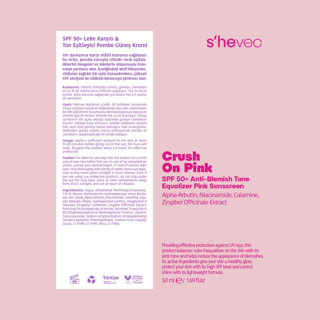 She Vec Crush On Pink Tone Evening, Anti-Blemish and Brightening Pink 50+SPF Sunscreen 50 ml