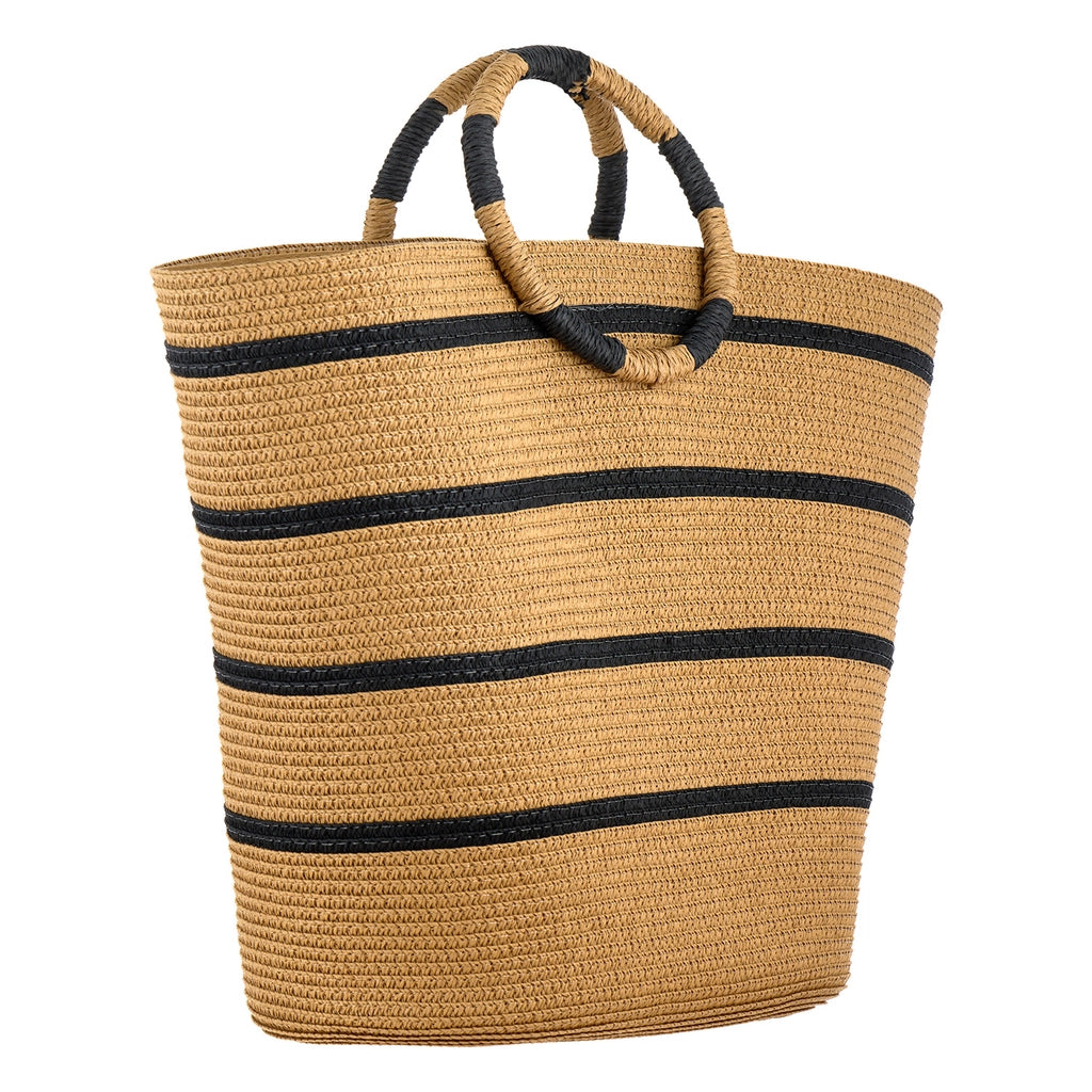 Eklips Beige Striped Round Handle Straw Bag