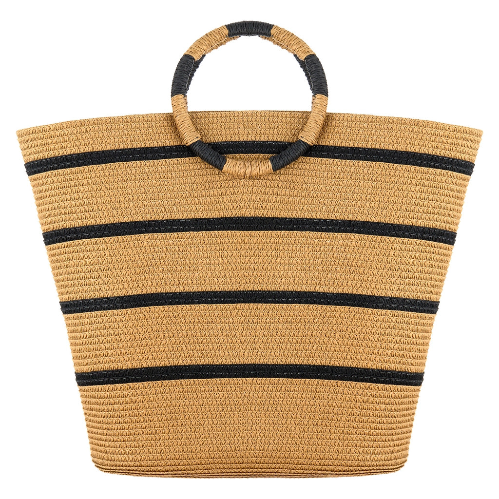 Eklips Beige Striped Round Handle Straw Bag