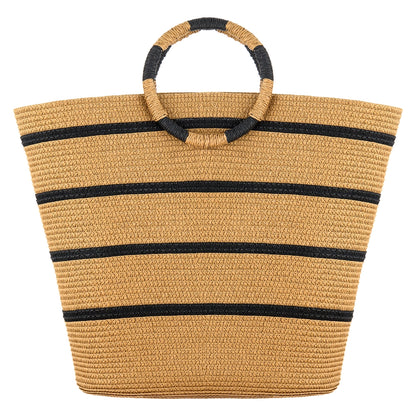 Eklips Beige Striped Round Handle Straw Bag