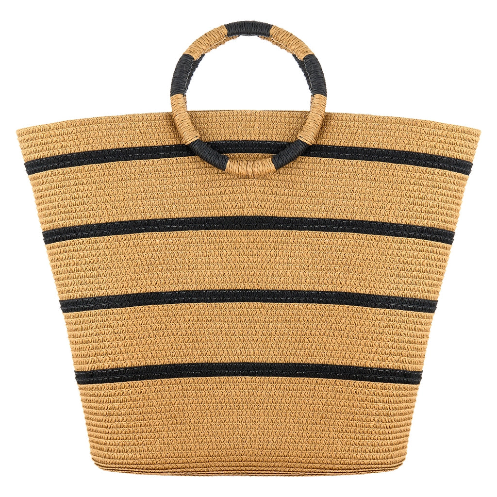 Eklips Beige Striped Round Handle Straw Bag