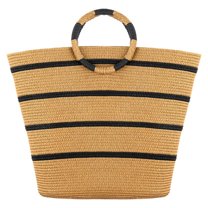Eklips Beige Striped Round Handle Straw Bag