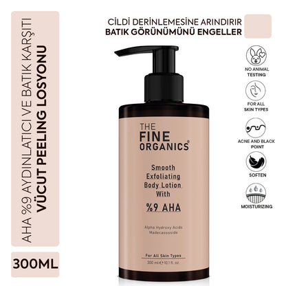 The Fine Organics AHA 9% Anti-Acne, Blemish, Darkening and Ingrown Hair Purifying and Brightening Body Peeling Lotion 300 ml