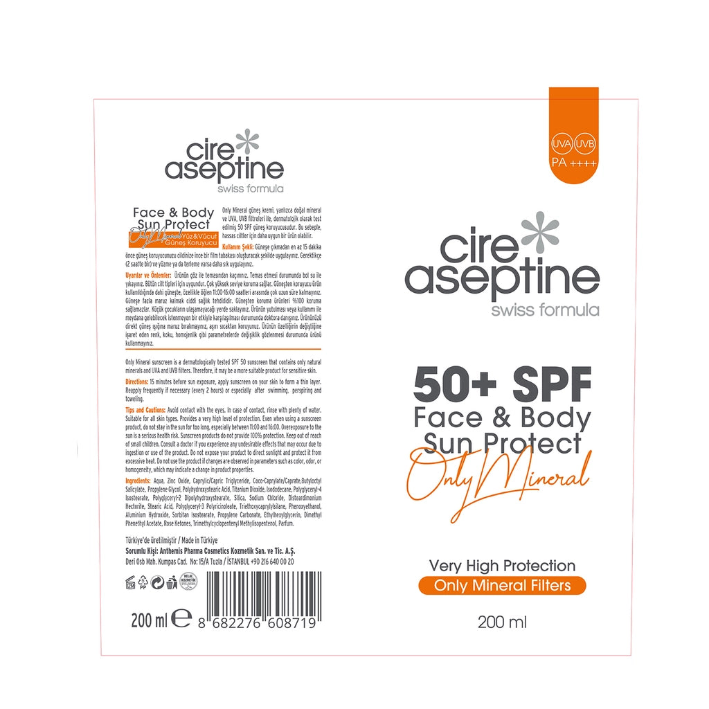 Cire Aseptine Only Mineral 50+SPF Face and Body Sunscreen Cream with Mineral Filter 200 ml