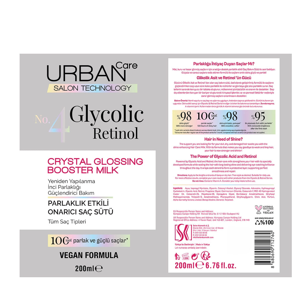 Urban Care No.4 Glycolic Retinol Repair Hair Care Milk with Shine Effect 200 ml
