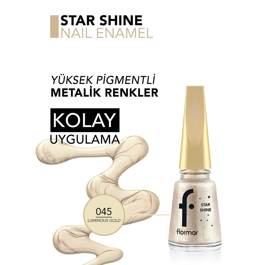 Flormar Star Shine Intensely Pigmented and Metallic Look Nail Polish 045 Luminious Gold