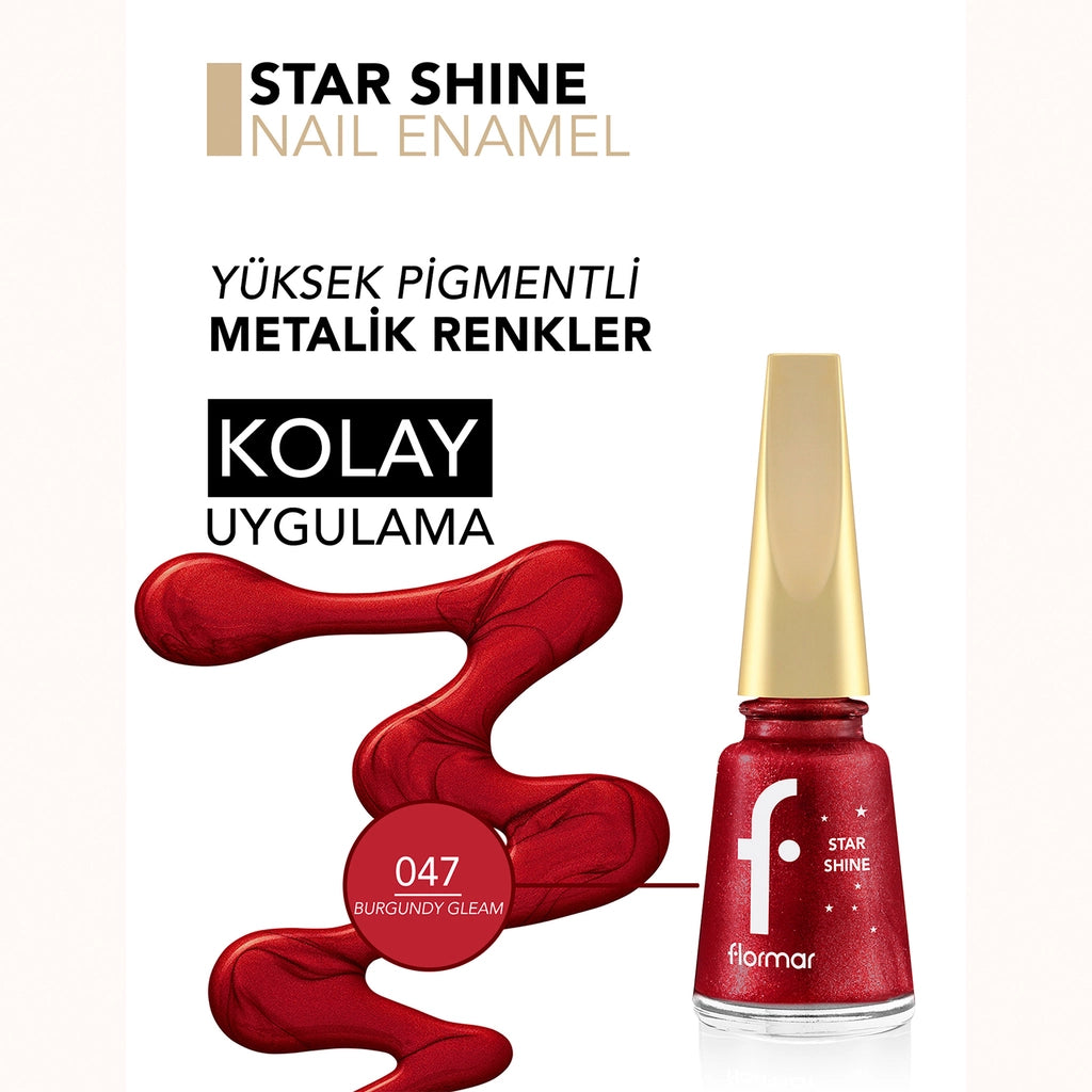 Flormar Star Shine Intensely Pigmented and Metallic Look Nail Polish 047 Burgundy Gleam