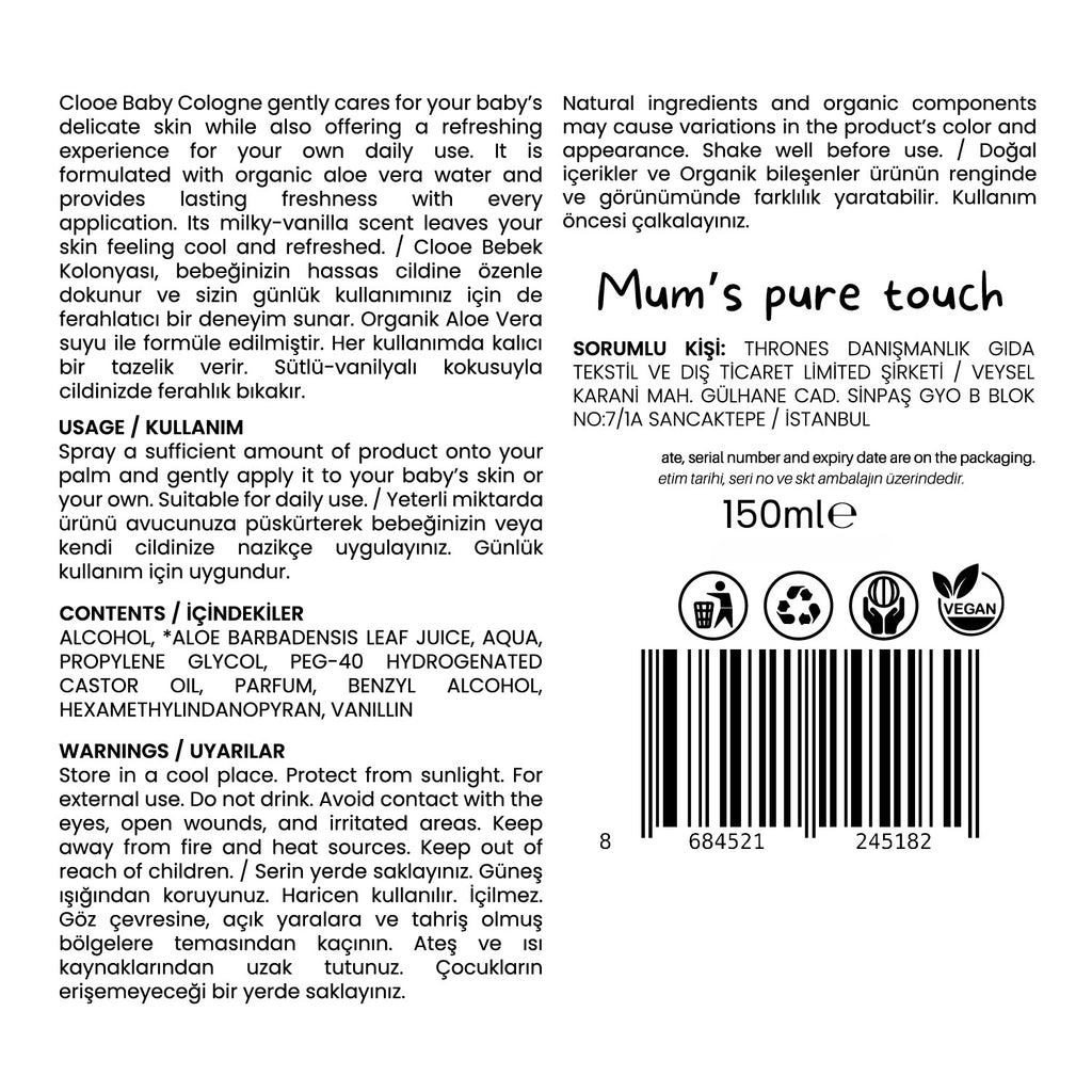 Clooe Soft Milky Vanilla Baby Cologne 150 ml