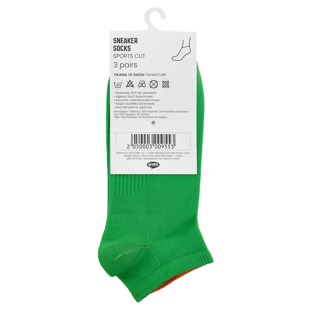 Eklips 3-Piece Colorful Unisex Athlete Sneaker Socks Orange Lilac Green