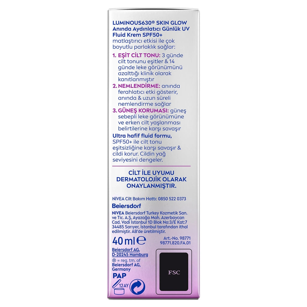 Nivea Luminous630 Skin Glow Illuminating SPF50 Facial Sun Cream 40 ml