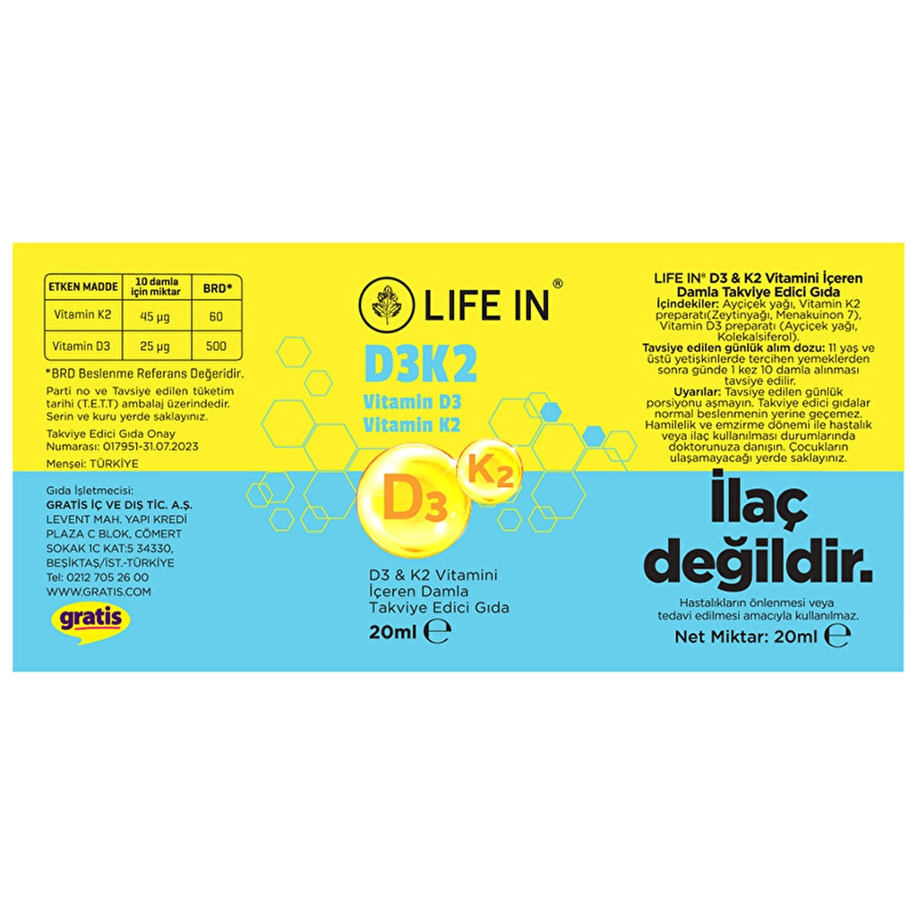 Life In Drops Containing Vitamin D3 + K2 Food Supplement 20 ml