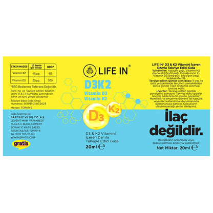 Life In Drops Containing Vitamin D3 + K2 Food Supplement 20 ml