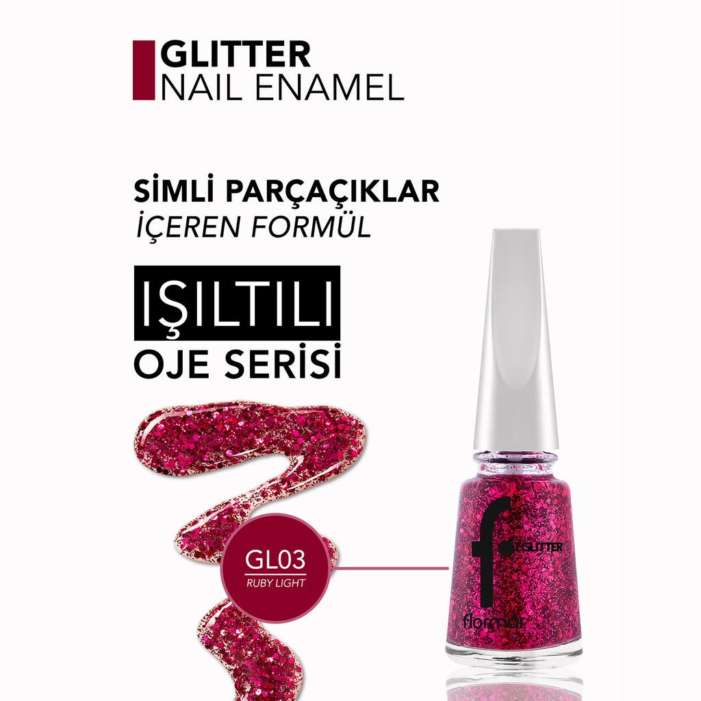 Flormar Glitter Translucent Glitter Nail Polish GL03 Ruby Light