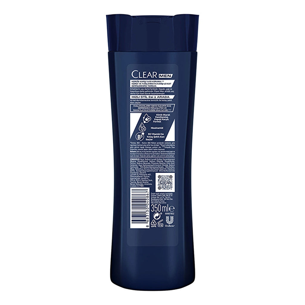 Clear Men Effective Shampoo Against Dandruff Quick Style 2 in 1 Easily Shapeable Hair 350 ml