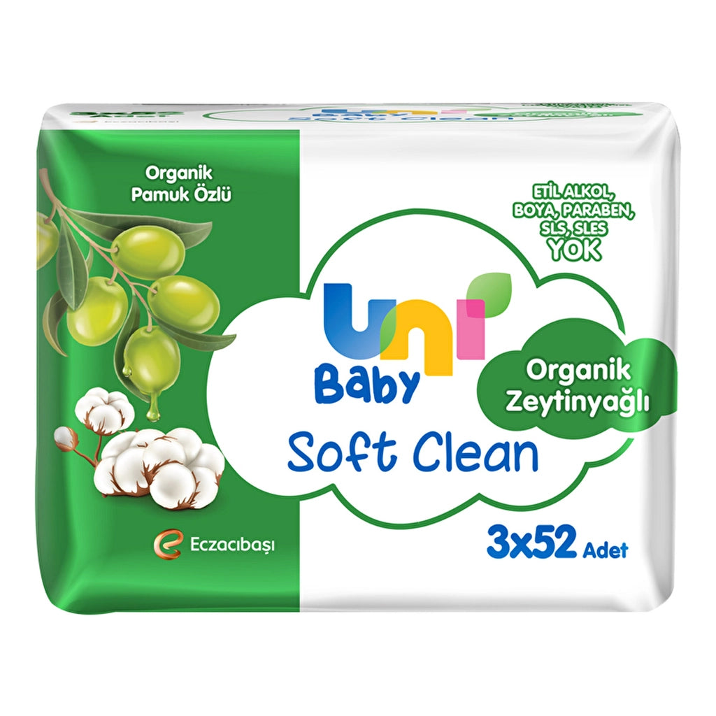 Uni Baby Soft Clean Organic Cotton Core Olive Oil Baby Wet Wipes 3 x 52 Pcs